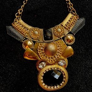 LUCIA large gold statement necklace with 2in black stone Aztec design +crystals